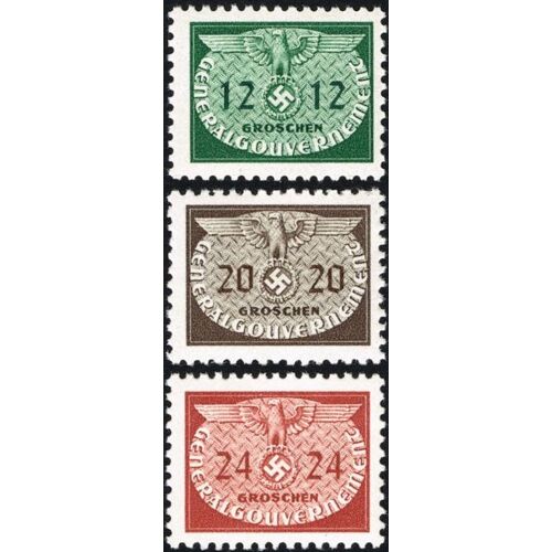 Pologne 1940, Occupation Allemande, General Gouvernement, Beaux Timbres De Service Yvert 4, 5 Et 6, Petit Format, Grand Aigle Et Croix Gammée Sur Fond Ovale, Neufs*