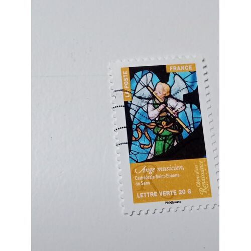 France Timbre Lettre Verte 20g Autoadhesif Yvert N° 1019 Vitrail Ange Musicien, Cathédrale Saint-Etienne De Sens Objets D'Art Oblitéré De 2014