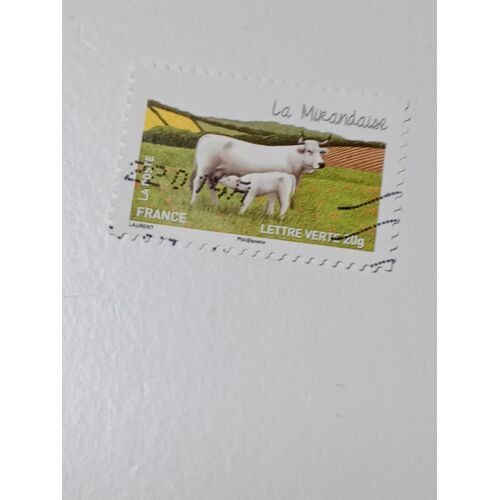 France Timbre Lettre Verte 20g Autoadhesif Yvert N° 957 La Mirandaise Les Vaches De Nos Régions Oblitéré De 2014