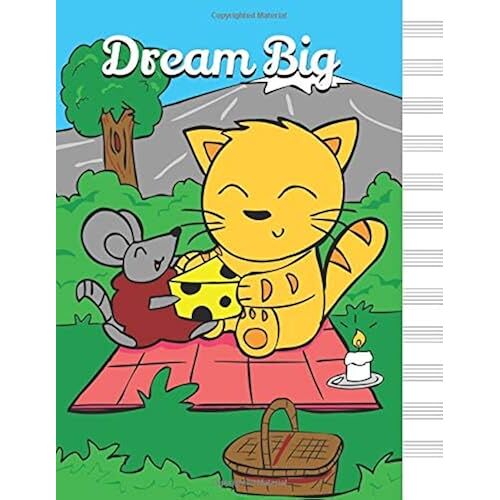 Dream Big: Blank Music Sheet Notebook Manuscript Paper, Staff Paper, Music Notebook 12 Staves, 8.5 X 11, 100 Pages, Cute Cat Journal