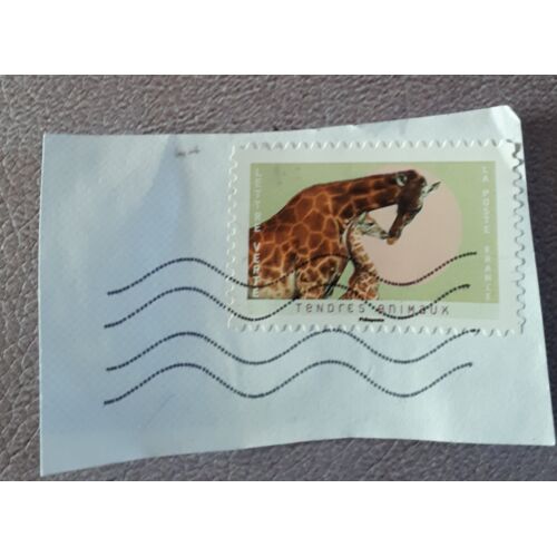 Timbre France Lettre Verte 20g-Girafe Et Son Petit-Timbre Autoadhésif Oblitéré Provenant Du Carnet Tendres Animaux 2023