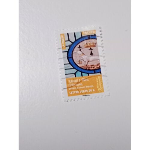 Timbre France Lettre Verte 20g Oblitéré Yvert N° 1017 Objets D'Art – Renaissance En France – Vitrail À Blois, L'Hermine, Emblème D'Anne De Bretagne De 2014