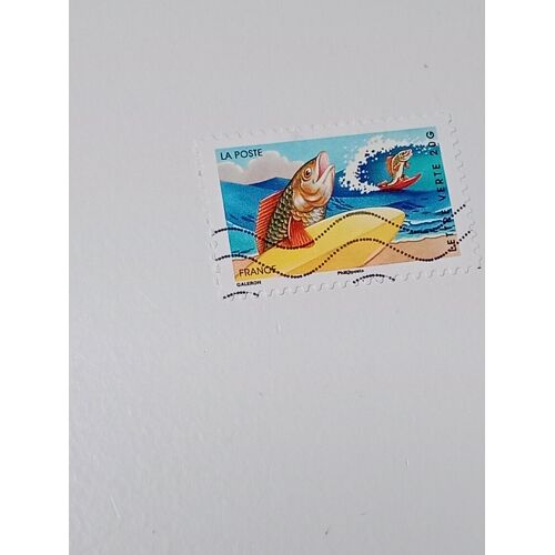 Timbre France Lettre 20g Autoadhesif Oblitere Yvert N 984 Sourires Vacances Animaux Personnifies Poisson Surfeur De 2014