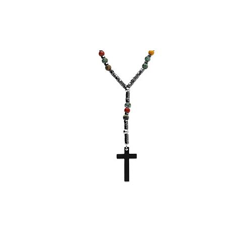 Collier Acier Chapelet Boules Diamètre 6 Et 8 Multi Et Croix 35mm X 20mm Pvd Noir Sans Fermoir 70cm