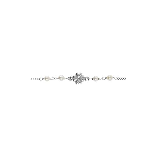 Bracelet Argent Rhodié Trèfle Et Perle Blanche Imitation T Diamantées 16+3cm