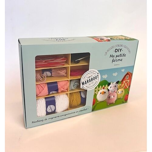 Ma Petite Ferme - Coffret Avec 10 Pelotes De Fil 100% Coton, 1 Crochet, Du Rembourrage, Des Yeux De Sécurité, 1 Livre De Crochet Expliquant Toutes Les Étapes Des 4 Modèles