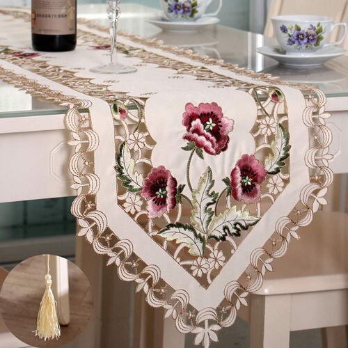 Chemin de table classique 38 x 147 cm, broderie de roses, dentelle, napperon, décoration pour la maison, la salle à manger, la cuisine, les mariages, les fêtes et les festivals - Fleurs rousses