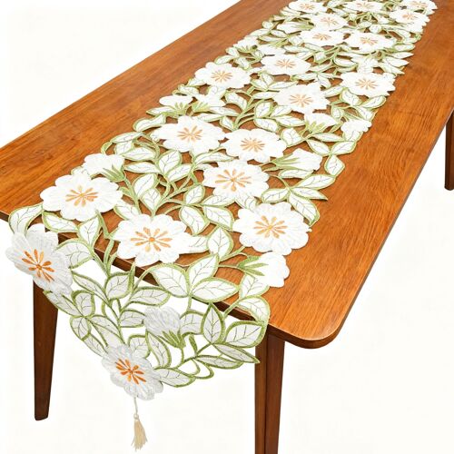 Chemin De Table Fleurs De Printemps 35,5 X 183 Cm, Broderie Ajourée, Motif Floral, Décoration Estivale Pour La Maison, La Cuisine Ou La Salle À Manger, Fleurs Blanches