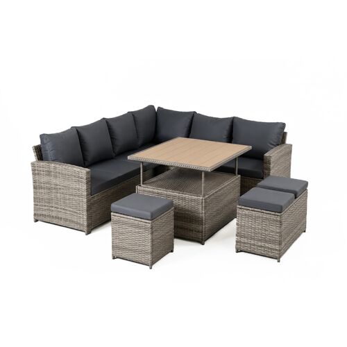 Salon De Jardin Modulable 9 Places En Résine Tressée Avec Table Relevable Effet Bois Sahara