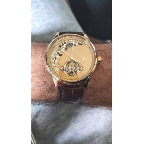 Montre Automatique Sewor – Squelette Dorée – Cuir Véritable