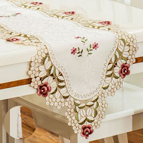 Chemin De Table Classique 38 X 284 Cm, Broderie Florale En Dentelle Beige, Idéal Pour La Décoration De Table, La Maison, Les Fêtes, Les Mariages, Les Restaurants Et Les Repas - Rose Rouge