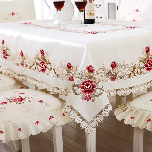 Nappe brodée de fleurs 145 x 218 cm, style vintage classique, dentelle beige et blanche, motif feuilles, idéale pour les fêtes, les mariages et la cuisine. Rectangulaire.