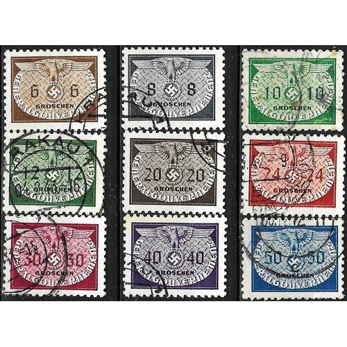 Pologne, Occupation Allemande, Gouvernement General 1940, Belle Série Complère Timbres De Srvice Oblitérés Yvert 1 À 9, Grand Aigle Et Croix Gammée Dans Un Ovale, Petits Formats.