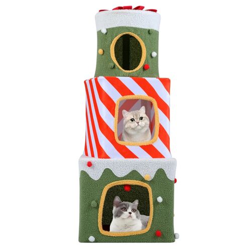 Arbre À Chat De Noël Design 49 X 49 X 120 Cm 3 Condos Cachettes Ludiques Ambiance Cosy En Bois Composite Coloré Helloshop26 20_0019148