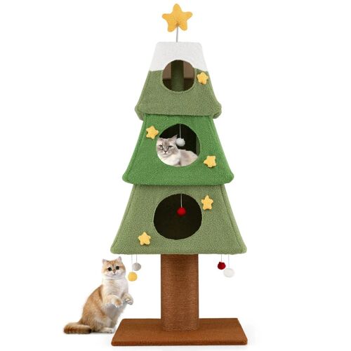 Arbre À Chat De Noël 60,5 X 60,5 X 162 Cm Avec 3 Condos Stable En Bois D'ingénierie Vert Blanc Marron Helloshop26 20_0018072