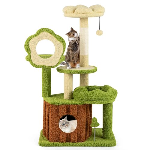 Arbre À Chat Multi-Niveaux Avec Condo 100 X 55 X 40 Cm Griffoir Et Jouets Fleuri En Bois Composite Vert Helloshop26 20_0010163