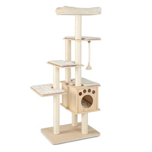 Arbre À Chat En Bois 70 X 50 X 170 Cm Stable Confortable Plusieurs Plates-Formes Élégant En Bois Massif Beige Helloshop26 20_0020819