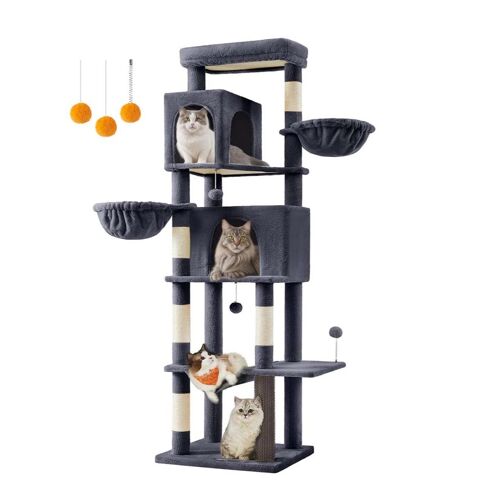 Arbre À Chat Tour À Chat De 175 Cm De Haut Abri À Chat Multi-Niveaux Avec 2 Niches 2 Paniers 5 Griffoirs Toilettage Autonome Perchoir Hamac Gris Foncé Helloshop26 12_0003887