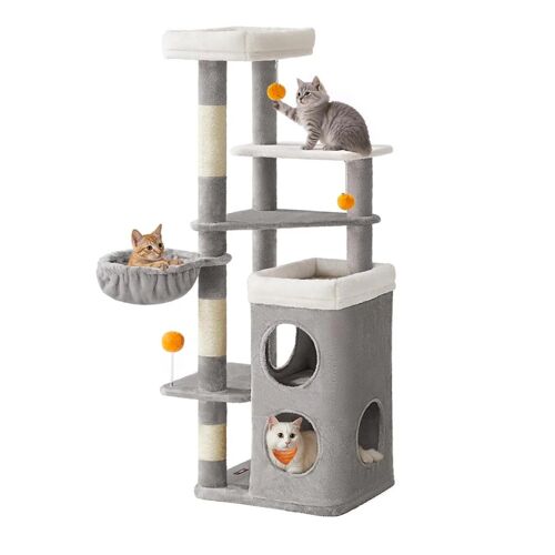 Arbre À Chat 152 Cm De Haut Tour De Jeux Pour Chat À Plusieurs Niveaux Avec 2 Grandes Niches 1 Hamac 3 Poteaux À Griffer 3 Plateformes Gris Helloshop26 12_0003800