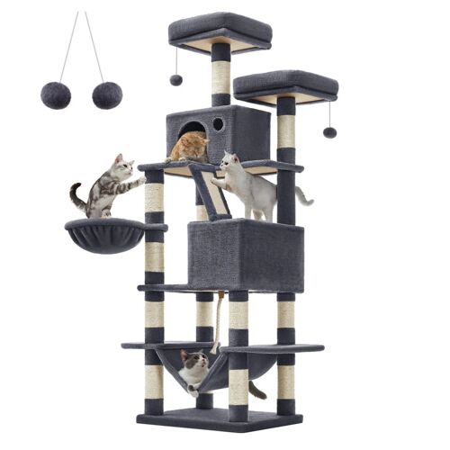 Arbre À Chat Grande Tour De Jeux Hauteur 168 Cm Avec 13 Griffoirs 1 Planche À Griffer 2 Plate-Forme 2 Niches Panier Hamac Pompons Tissu Peluche Multi-Niveaux Gris Foncé Helloshop26 12_0003839