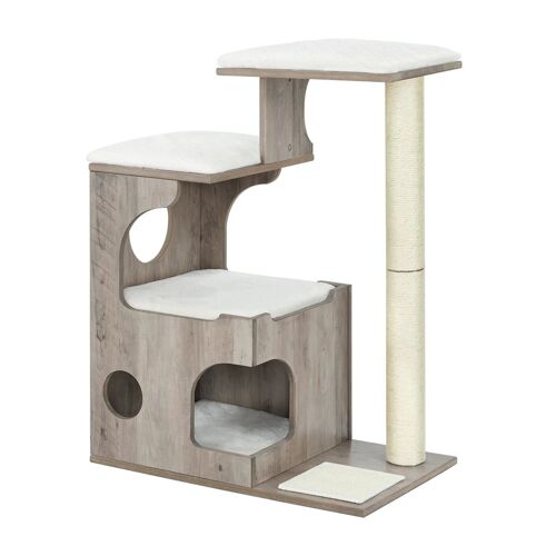 Arbre À Chat Hauteur 88 Cm 3 Plate-Formes Et 1 Grotte Panneau Mdf Avec Placage De Bois Poteau En Sisal Imitation Fourrure Lavable Style Vintage Gris Helloshop26 12_0003860