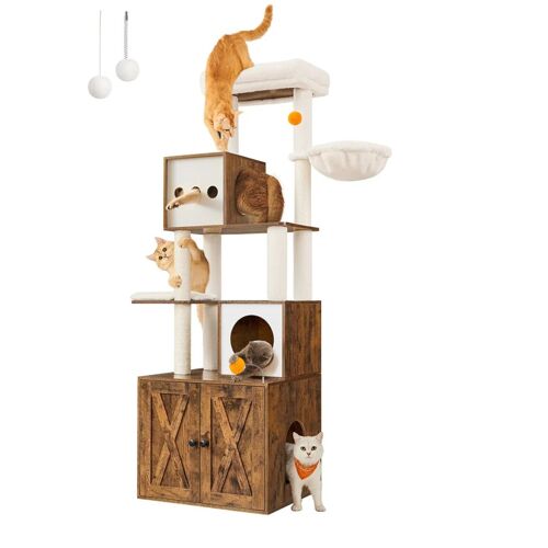 Arbre À Chat Moderne Avec Cache-Litière Tour De Jeu Griffoir Avec Maison De Toilette 185 Cm Niche Plateforme Tapis Lavables Grège Helloshop26 12_0003866