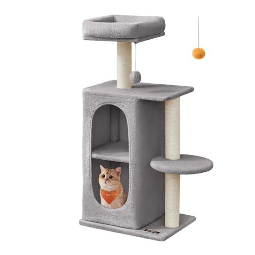 Petit Arbre À Chat Avec 2 Grottes Poteaux À Griffer 45 X 35 X 101 Cm Pour Les Foyers Multi-Chats Gris Clair Helloshop26 12_0006910