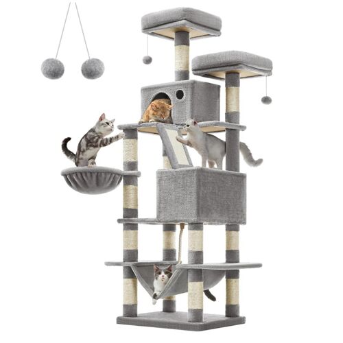 Arbre À Chat Grande Tour De Jeux Hauteur 168 Cm Avec 13 Griffoirs 1 Planche À Griffer 2 Plate-Forme 2 Niches Panier Hamac Pompons Tissu Peluche Multi-Niveaux Gris Helloshop26 12_0003840