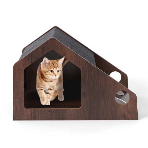 Arbre Pour Chat Avec Station D'alimentation Incliné 60 X 40 X 40 Cm Confort Optimal Ambiance Rustique En Mdf Gris Helloshop26 20_0018380