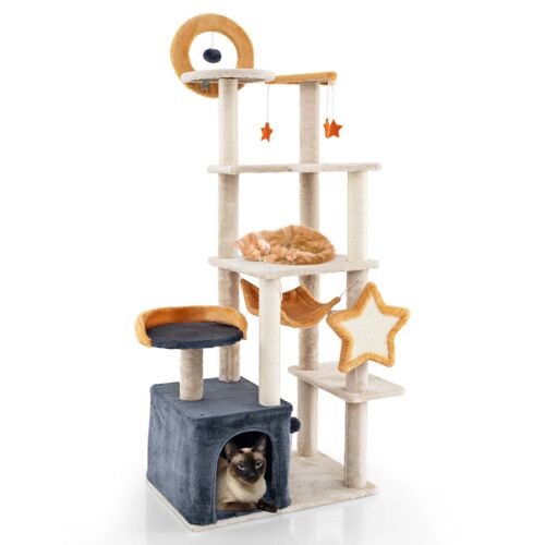 Arbre À Chat Multi-Niveaux 61 X 41 X 160 Cm Avec Hamac Et Jouets Pour Chats En Peluche Beige Gris Foncé Orange Helloshop26 20_0010136