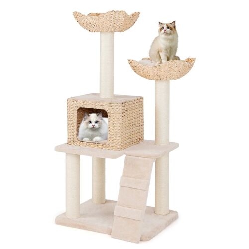 Arbre À Chat Tour En Forme De Quenouille 60 X 48 X 122 Cm Multi-Niveaux Avec Coussins Amovibles Design Moderne En Quenouille Beige Helloshop26 20_0010169