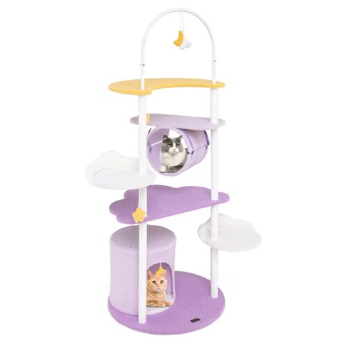 Arbre À Chat Centre De Jeu 158 X 60 X 60 Cm Avec Plateforme D'observation Et Tunnel En Bois D'ingénierie Violet Helloshop26 20_0010175