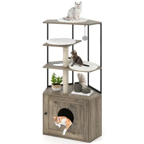 Arbre À Chat En Angle 78 X 50 X 138 Cm Avec Enclos Pour Litière Espace Optimisé Style Moderne En Bois Composite Gris Helloshop26 20_0016017