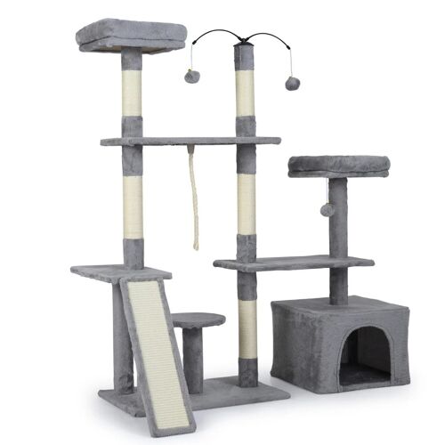 Arbre À Chat 136 X 70 X 121 Cm Avec 2 Perchoirs Rembourrés Et Poteaux À Griffer Scandinave En Peluche Gris Clair Helloshop26 20_0015866