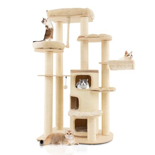 Arbre À Chat Moderne 95 X 68 X 173 Cm 3 Niveaux Spacieux 2 Perchoirs Confortables En Bois Massif Beige Helloshop26 20_0020116