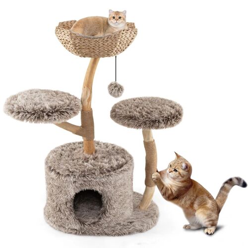 Arbre À Chat 60 X 105 Cm Avec 4 Niveaux Et Condo Sécurisé Moderne En Bois De Poirier Naturel Helloshop26 20_0017425