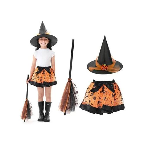 Déguisement De Sorcière Enfant 3 Pièces Jupe En Tulle Chapeau Et Balai Magique Pour Halloween Noir Orange Taille Élastique 3-8