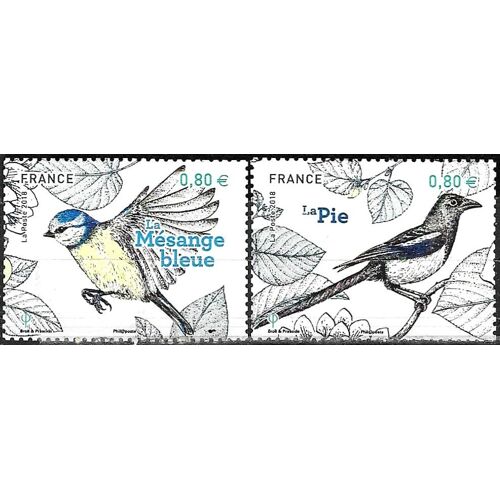 France 2018, Beaux Timbres Oblitérés, Les Oiseaux De Nos Jardins, Yvert 5238 La Mésange Bleue Et 5241 La Pie.