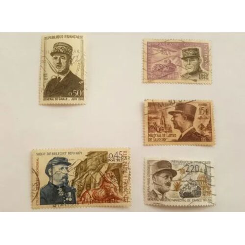 Lot 5 Timbres Oblitérés - Yt 920, 1270, 1660, 1695, 2495 - Entre 1952 Et 1987 - Militaires: Général De Gaulle En Juin 1940, Leclerc, Estienne, Maréchal De Lattre De Tassigny, Colonel Denfert-Rochereau