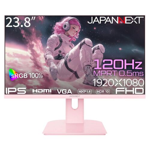 JAPANNEXT JN-IPS238G120F - Écran LED - jeux - 23.8" - 1920 x 1080 Full HD (1080p) @ 120 Hz - IPS - 300 cd/m² - 1200:1 - HDR10 - 0.5 ms - HDMI, VGA - haut-parleurs - rose pastel