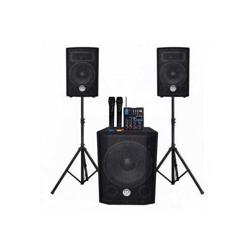 Sono triphonique BM SONIC BMS 1208, Caisson bi-amplifié 1000W - USB Bluetooth, câbles, pieds table de mixage 2 micros ss fils
