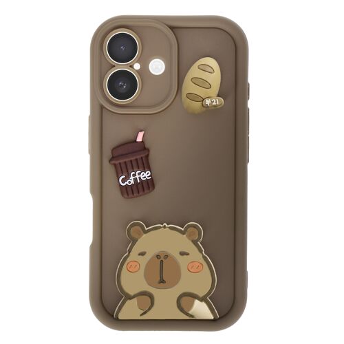 Coque pour iPhone 17 avec Motifs Capybara Kawaii en 3D et Contour Surélevé Marron