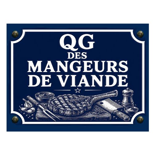Plaque Métal Barbecue QG des Mangeurs de Viande 20 x 15 cm