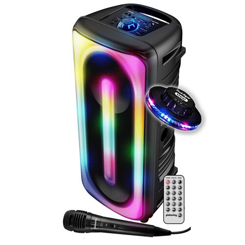Enceinte SONO DJ Autonome 300W Pickering Bluetooth 5.0 Amplifiée TWS Rechargeable LED Microphone USB MicroSD Noir, Jeu OVNI LED