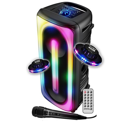 Enceinte SONO DJ Autonome 300W Pickering Bluetooth 5.0 Amplifiée TWS Rechargeable LED Microphone USB MicroSD Noir, Jeux OVNI LED