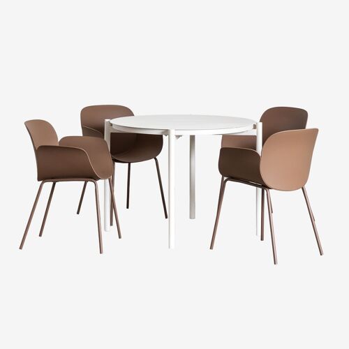 Set De Table Ronde Ø110 Cm En Aluminium Elton Et 4 Chaises De Jardin En Polypropylène Et Acier Lynette Brun Caramel
