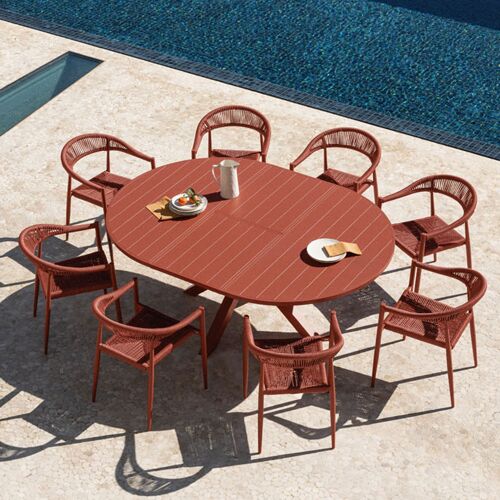 Set De Table Extensible 145-200x145 Cm Barces Et 8 Chaises De Jardin Empilables Avec Accoudoirs En Aluminium Amatria Terracota