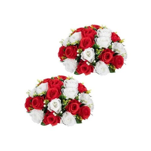 Lot de 2 boules florales fleurs artificielles roses rouges décor mariage 35 x 18 cm soie base plastique, blanc rouge