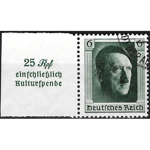 Allemagne, 3ème Reich 1937, Beau Timbre Oblitéré Issu Du Bloc Feuillet Yvert 8, Portrait Chancelier Hitler 6pf. Vert Avce Vignette 25pf De Surtaxe Au Profit Des Oeuvres Culturelles.