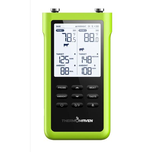 ThermoMaven Thermomètre à viande intelligent sans fil de 3000 ft, longue distance, sub-1 G, 6 capteurs (NIST précis), 2 sondes fines, station de base avec écran LCD, pour barbecue, barbecue, four